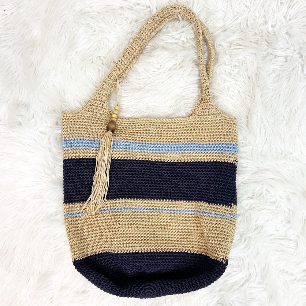 SONOMA RAFFIA WOVEN TAN NAVY BLUE PURSE TOTE WITH TASSLE
